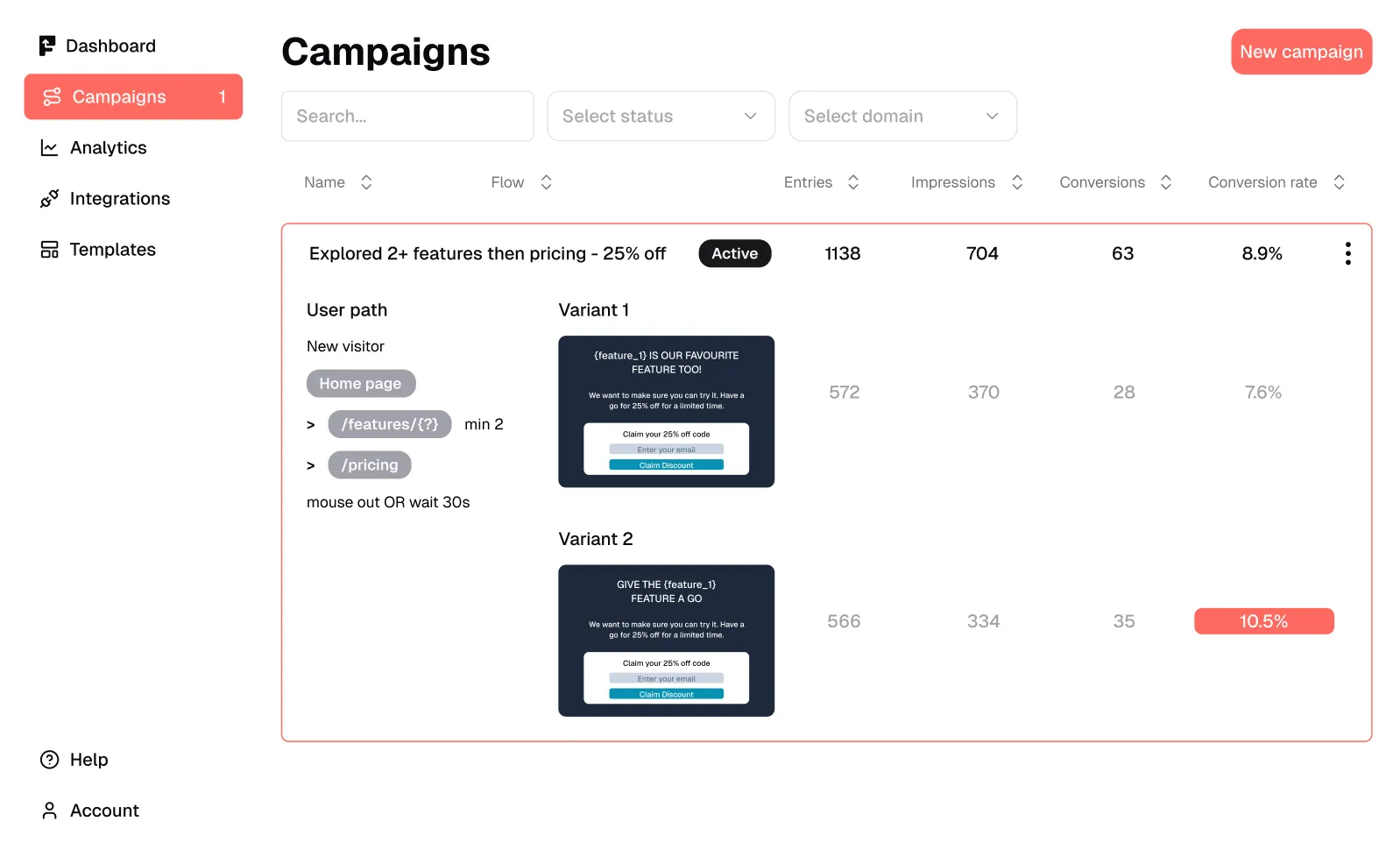 FlowPopup dashboard with AB test campaign